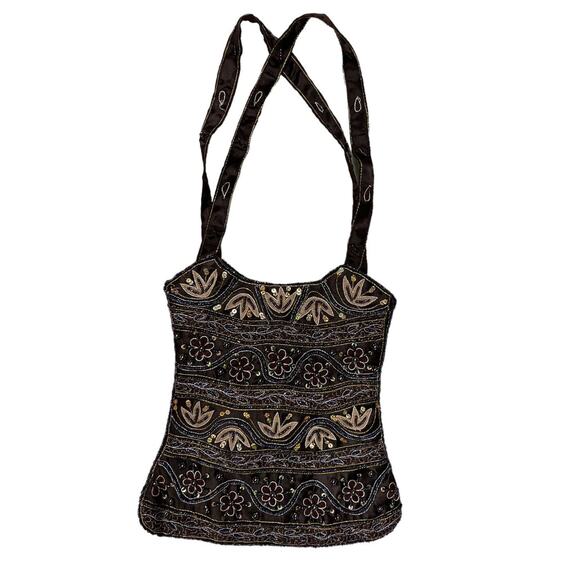 K&K VTG Table Tops Chocolate Brown Satin Floral Embroidered Sequin Shoulder Bag - Picture 2 of 13